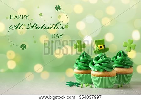 Delicious Decorated Cupcakes On Light Table. St. Patrick's Day Celebration