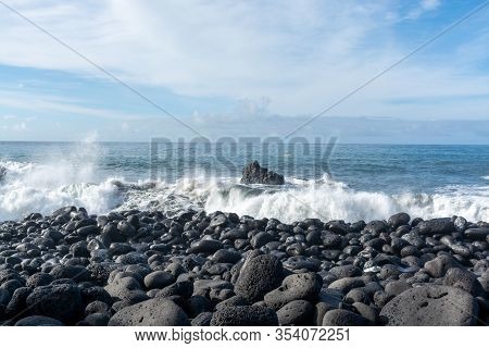 Dangerious Ocean Stormy Waves Hits Black Lava Rocks On Playa De La Bombilla, La Palma Island, Canary