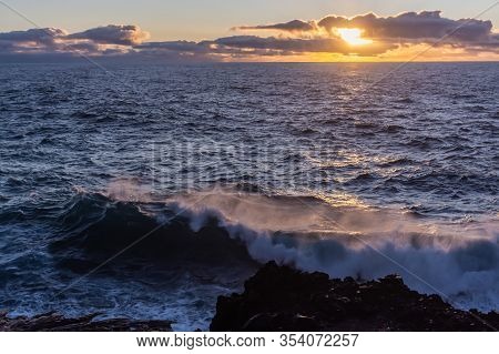 Dangerious Ocean Stormy Waves Hits Black Lava Rocks On La Palma Island, Canary, Spain, Bad Winter We