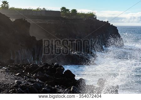 Dangerious Ocean Stormy Waves Hits Black Lava Rocks On La Palma Island, Canary, Spain, Bad Winter We