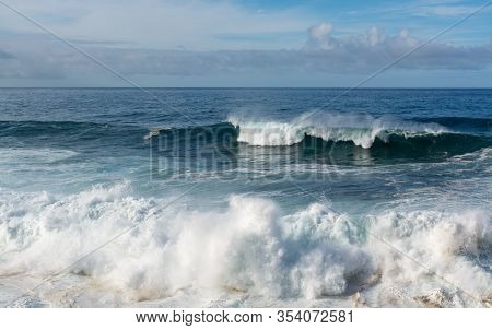 Dangerious Ocean Stormy Waves Hits Black Lava Rocks By Faro De Las Hoyas, La Palma Island, Canary, S