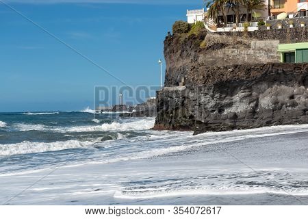 Black Lava Sand Beach In Puerto Naos, La Palma, Canarian Islands, Spain In Winter