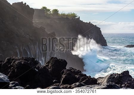 Dangerious Ocean Stormy Waves Hits Black Lava Rocks On La Palma Island, Canary, Spain, Bad Winter We