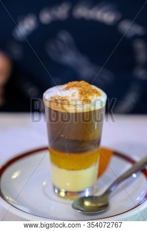 Special Coffee Of Canarian Islands In Spain, Sweet Barraquito Coffee With Layers And Alcohol Served 