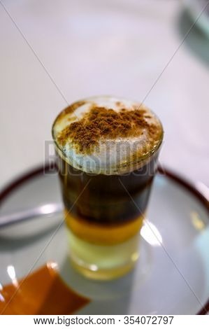 Special Coffee Of Canarian Islands In Spain, Sweet Barraquito Coffee With Layers And Alcohol Served 