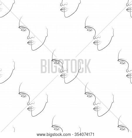 Seamless Pattern Womans Face Line Art On A White Background. Vector Hand Drawn Illustration.