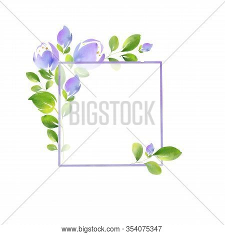 Elegant Flower Frame For Your Design. Watercolor Illustration. Hand Drawing. Ideal For Postcards, In