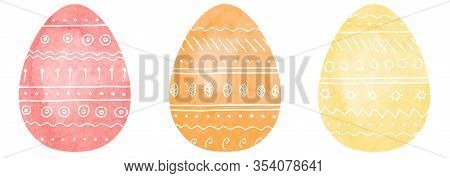 Set Of Pastel Colored Eggs With Hand Drawn Doodle Elements. Spring Watercolor Illustration. Easter E
