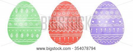 Painted Easter Eggs With White Hand-drawing Ornament. Set Of Three. Red, Purple, Green Eggs. Waterco