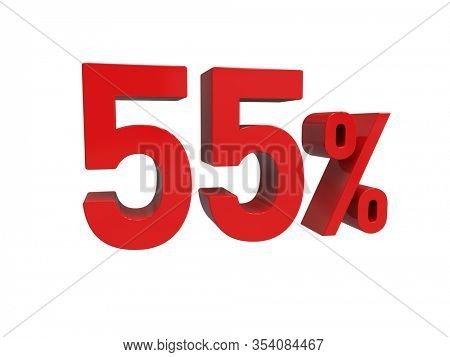 3d Render: ISOLATED Red 55% Percent Discount 3d Sign on Light Background, Special Offer 55% Discount Tag, Sale Up to 55 Percent Off, Fifty-five Percent Letters Sale Symbol, Special Offer Label