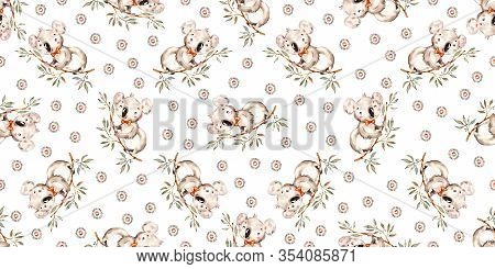 Watercolor Cute Nursery Hand Painted Seamless Pattern. Coala Forest Woodland Animal. Childish Handpa