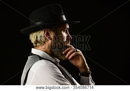 Brutal Bearded Hipster In Suit Vest. Mafia Gentlemen Club. Mature Cowboy. Detective Acknowledgement 