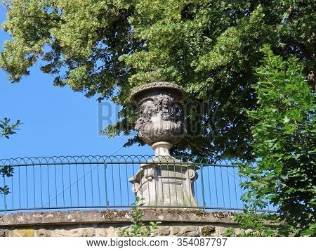 City Of Luxembourg: Decorative Baroque Style Stone Vase Next To Petrusse Boulevard, Seen From Petrus
