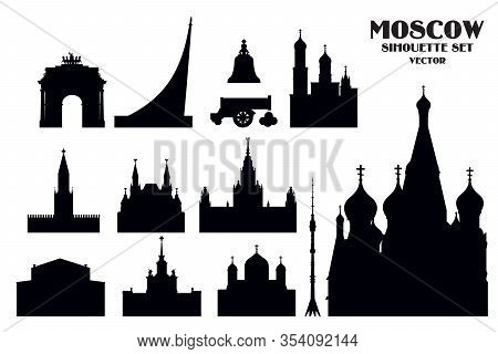 Set Of Vector Silhouette Illustration Of Landmarks Of Moscow, Russia. Moscow City Monochrome Vector 