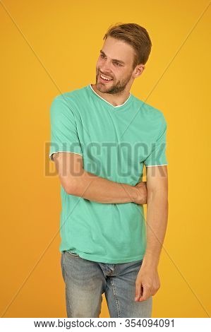 Trigger Positive Reaction. Sexy Man Beard Yellow Background. Unshaven Man Express Positivity. He Has