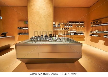 SINGAPORE - JANUARY 20, 2020: interior shot of Aesop store in the Shoppes at Marina Bay Sands. Aesop is an Australian luxury skin care brand owned by Brazilian company Natura & Co.