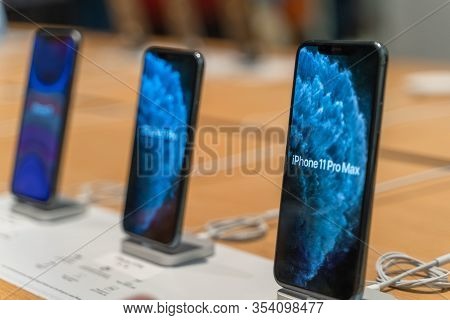 Apple Iphone 11 Pro Max On Stand In Apple Store Close Up - Dubai, Uae, February 2020.