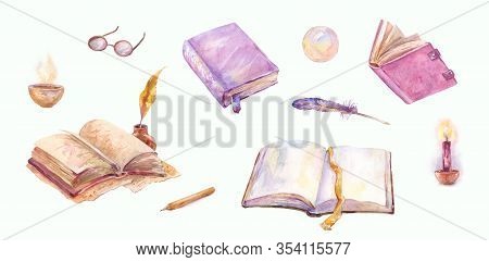 Watercolor Old Books Set. Magical Sketches In Vintage Style Isolated On White. Pen, Candle, Magic Ba