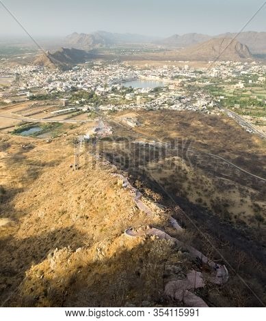 Salvitri Mata Temple At Dusk,overlooking Pushkar,rajasthan,india.lights,evening