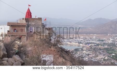 Salvitri Mata Temple At Dusk,overlooking Pushkar,rajasthan,india.lights,evening