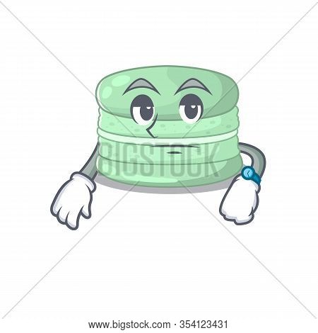 Cartoon Character Design Of Pistachio Macaron On A Waiting Gesture