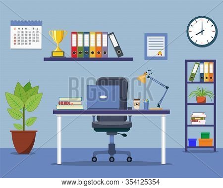 Office Interior Concept. Modern Business Workspace With Office Furniture Chair, Desk, Bookcase, Cloc