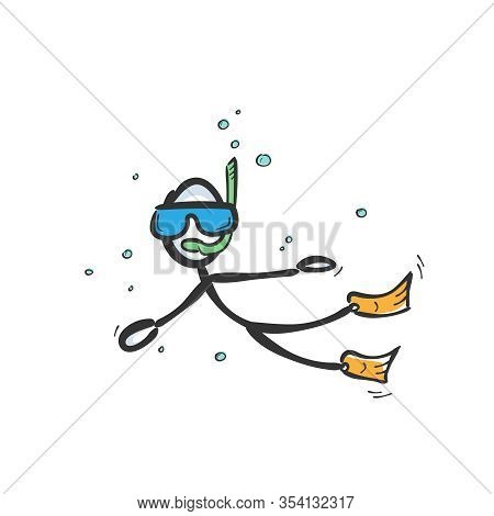 Diving In The Sea. Snorkling Under Water. Hand Drawn. Stickman Cartoon. Doodle Sketch, Vector Graphi