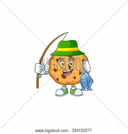 A Mascot Design Of Fishing Chocolate Chips Cookies With 3 Fishes