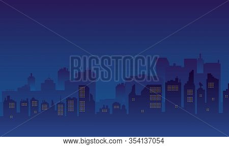 Urban Silhouette With Many Buildings Skycraper And Mall.