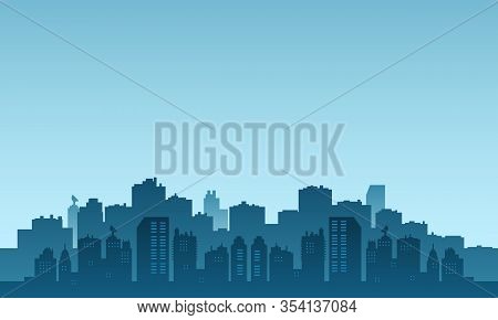 Urban Silhouette With Many Buildings Skycraper And Mall.