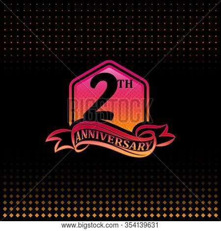 2th Anniversary Celebration Logotype Pink And Yellow Colored. Two Years Birthday Logo On Black Backg