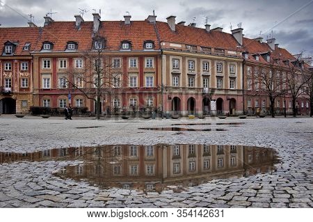 Warsaw, Poland - February 20, 2020: Late-renaissance Style Burgher Houses Which Were Rebuilt After T
