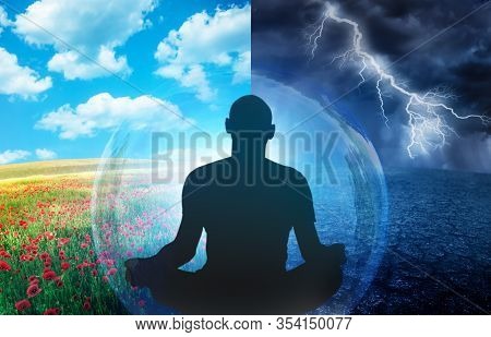 Two States Of Mind Dialectical Concept Illustration, Silhouette Of Man Practicing Yoga Meditation