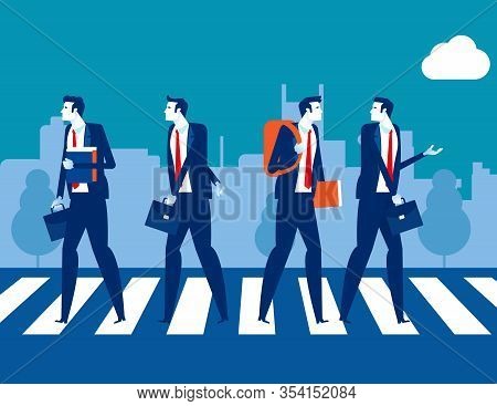 Urban People Cross Road At Crosswalk. Concept Business People Vector Illustration, Sidewalk, Pedestr