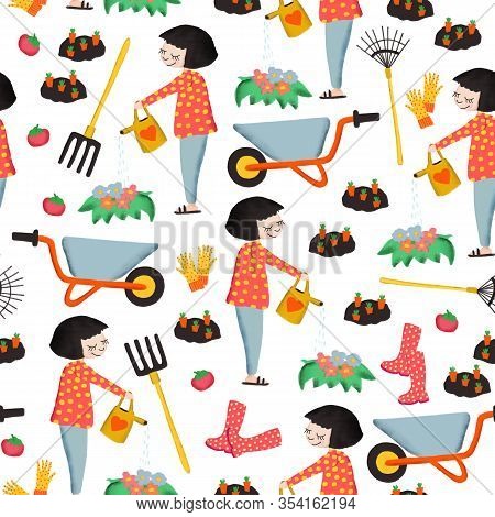 Seamless Pattern Gardening. Spring Or Summer Design With Woman Watering Flowers, Vegetables, Garden 