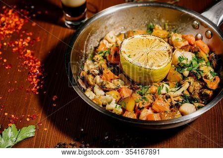 Beef Stew, Goulash In Cast Iron Pan.