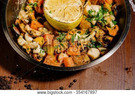 Beef Stew, Goulash In Cast Iron Pan.