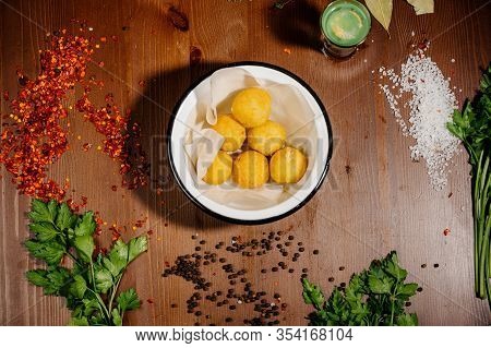 Potato Croquette Balls With Sauce On A Plate.