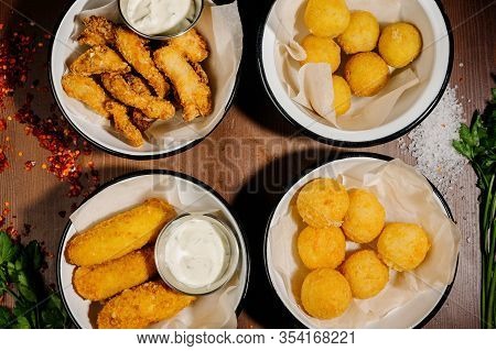 Spicy Deep Fried Breaded Chicken Wings With Sause.top View