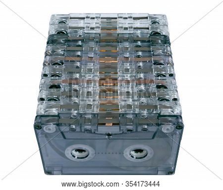 Old Vintage Cassette Tapes On White Background. Multiple Classic Cassette Tapes.