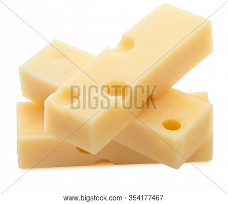 Portions (strips) Of Emmental Swiss Cheese. Texture Of Holes And Alveoli. Isolated On White Backgrou