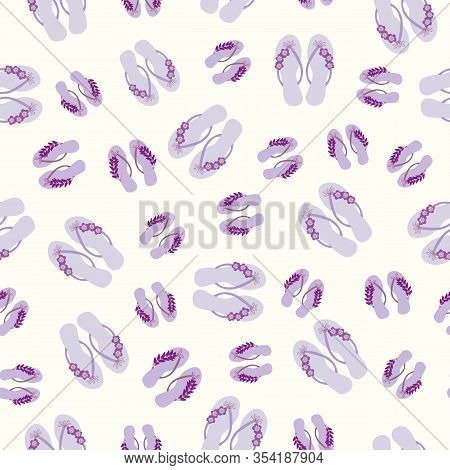 Flip Flop Shoe On Seamless Vector Pattern Background. Pretty Sandals With Tropical Flower Decoration