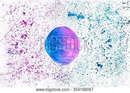 One Large Ball And Many Small Spots Are Painted On White Paper With Colored Watercolor Paint