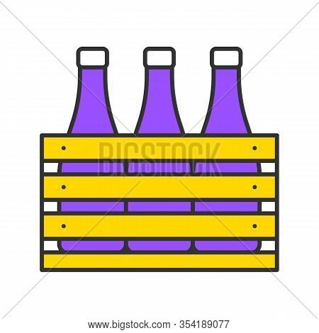 Beer Case Color Icon. Wine Or Champagne Bottles In Wooden Crate. Milk Bottles In Wooden Box. Isolate
