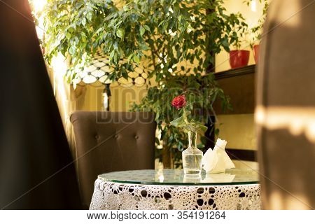 Cafe Interior Indoor Space Frame Foreground Empty Table Without People And Single Rose Flowers And N
