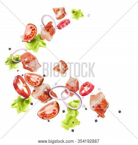 Pieces Of Pork, Tomatoes, Paprika, Onions, Lettuce And Spices Fly In A Circle. Meat Recipe. Vector 3