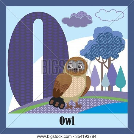 Vector Cartoon Flashcards Of Animal Alphabet, Letter O. Colorful Cartoon Illustration Of Letter O An