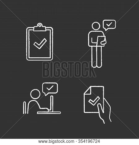 Approve Chalk Icons Set. Verification And Validation. Clipboard With Check Mark, Person Checking Doc