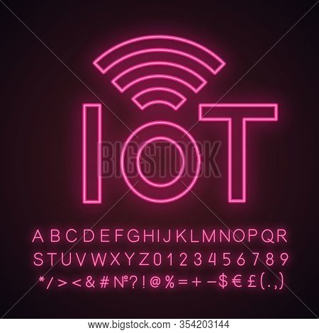 Internet Of Things Neon Light Icon. Iot Signal. Artificial Intelligence. Glowing Sign With Alphabet,