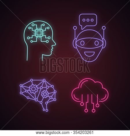 Artificial Intelligence Neon Light Icons Set. Neural Network Neurotechnology. Chat Bot, Ai, Digital 